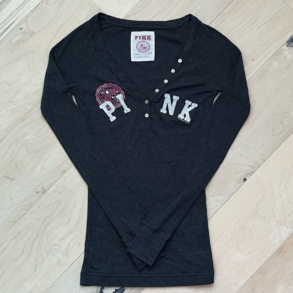 PINK Victorias Secret Thermal Logo Long Sleeve Tee Shirt  - Medium